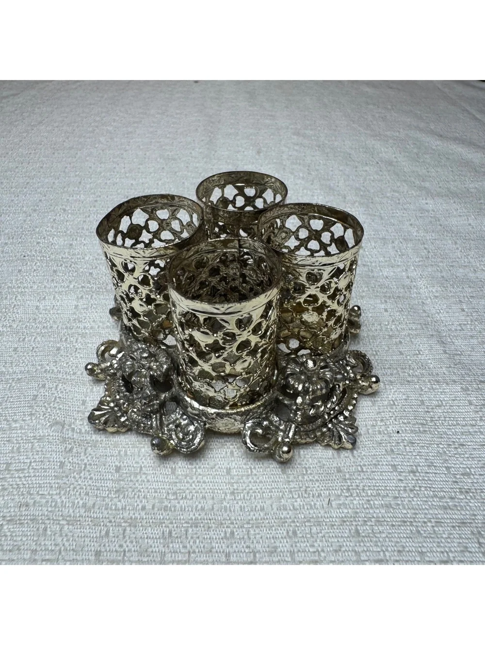 Vintage 1950s Lipstick Holder Silver Tone Filigree Vanity Organizer 4 Slot